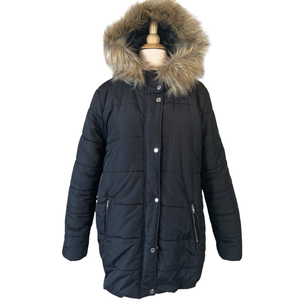 Black Faux Fur Hooded Puffer Jacket Size Large